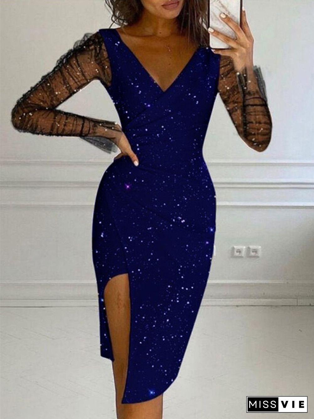 Elegant Mesh Long Sleeve Split Party Dress Sexy Deep V Neck Shiny Glitter Slim Dress Fashion See-through Nighclub Dress Vestidos