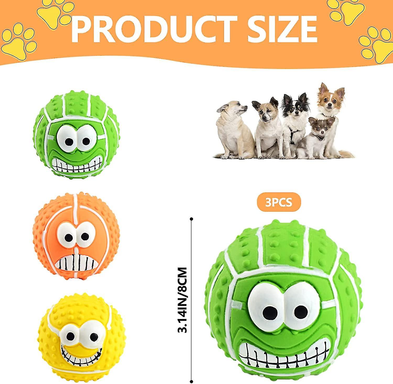 3pcs Squeaky Dog Balls， Smiley Face Latex Dog Squeaky Chew Toy， 3.1 Inch Soft Bouncy Fetch Balls For Medium Small Pets