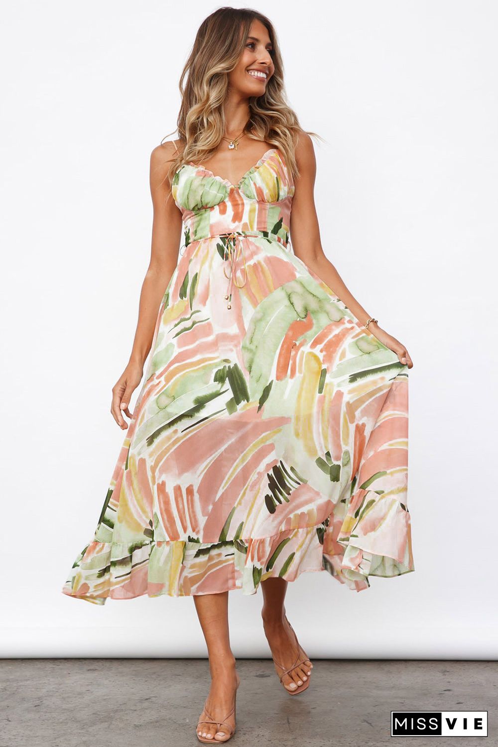 Multicolor Spaghetti Straps Graffti Print Long Dress