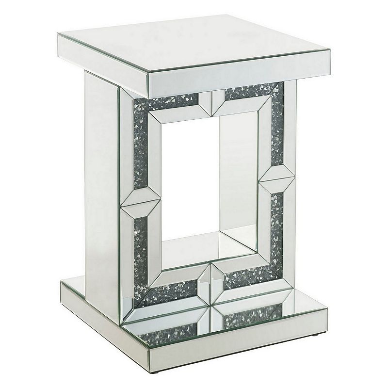 Accent Table with Open Geometric Base and Acrylic Diamond Inlay， Silver