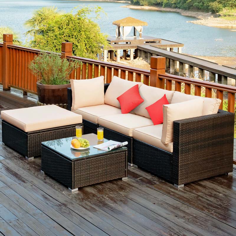 5 Pcs Outdoor Patio Rattan Furniture Sectional Sofa Set Wicker Conversation Set with Cushions