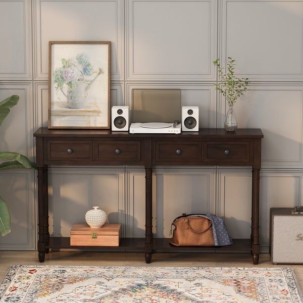 Console Table Easy Assembly with Two Storage Drawers and Bottom Shelf for Living Room