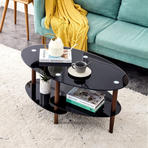 3-layer Modern Oval Glass Coffee Table with Oak Wood Legs