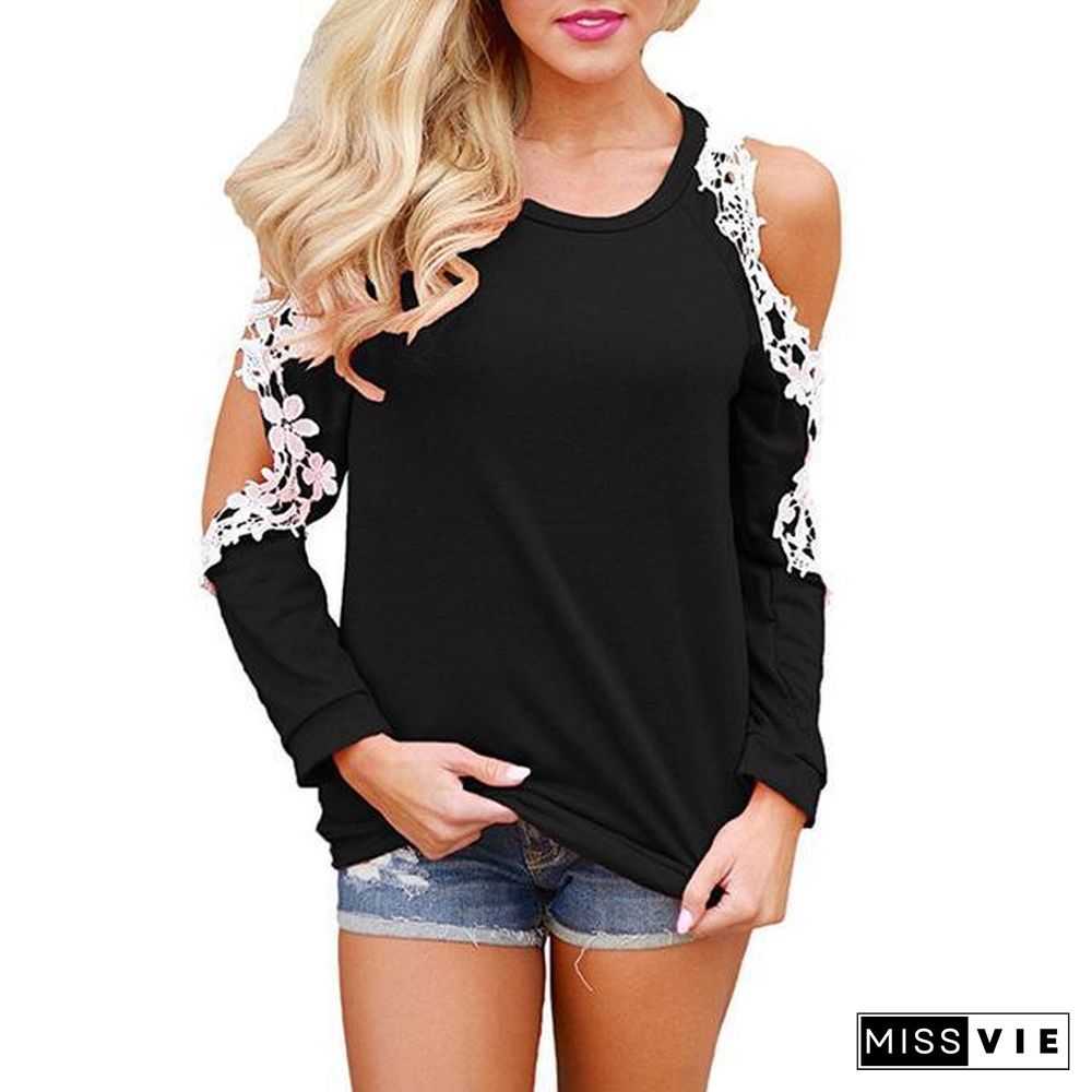 Women Cold Shoulder Long Sleeve Lace Blouse Causal Loose Solid Tops Tees