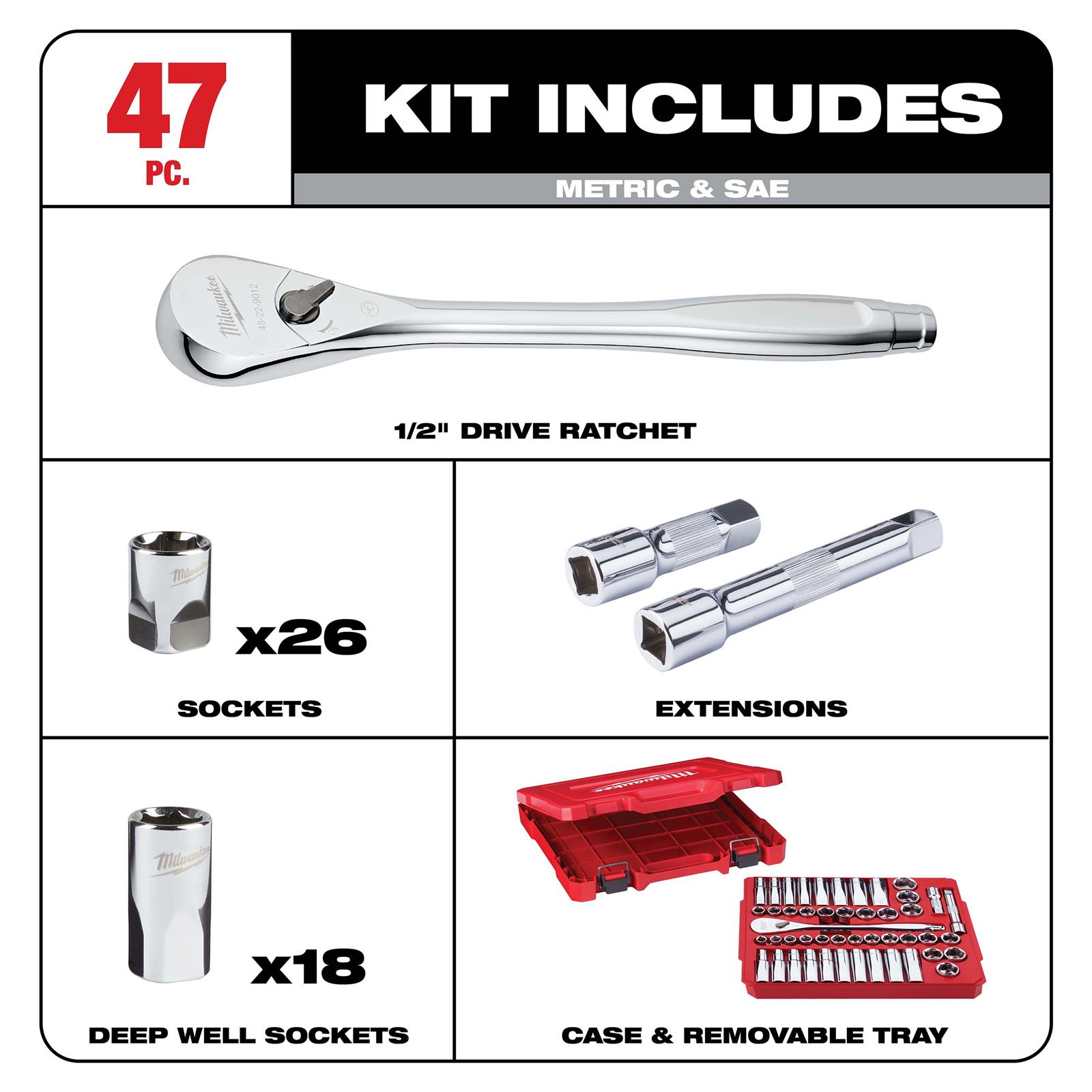 Milwaukee Tool 48-22-9010 Milwaukee 47-Piece Ratchet and Socket Sets