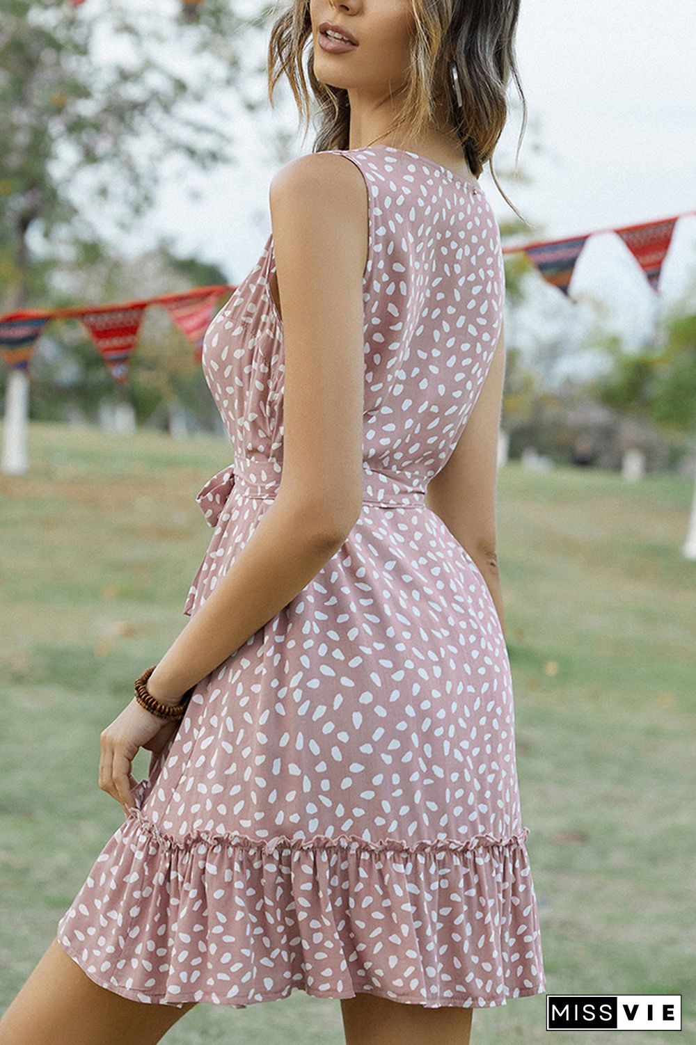 V Neck Buttoned Printed Sleeveless Dress With Sash