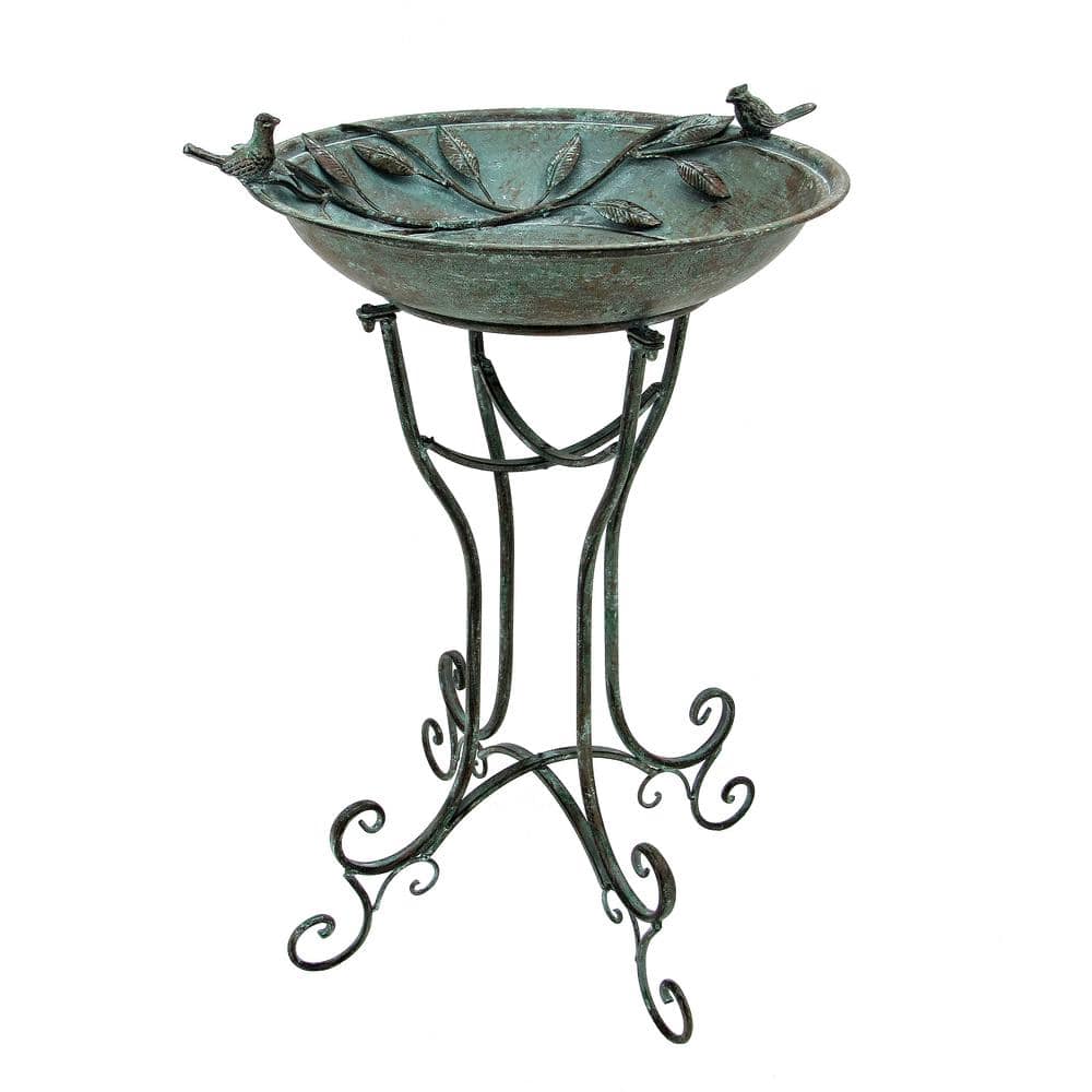 Zaer Ltd. International 2 Birds Iron Birdbath with Frosted Verdi Green ZR180387-VG