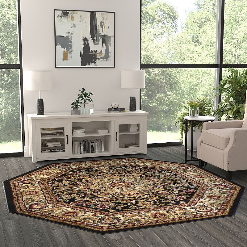 Masada Rugs Masada Rugs Bellagio Collection 7'x7' Traditional Octagon Area Rug in Black - Design B401