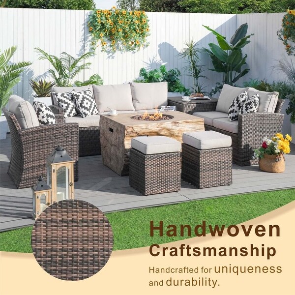 7piece Patio Wicker Garden Chat Sofa Set with Fire Pit and Storage Box