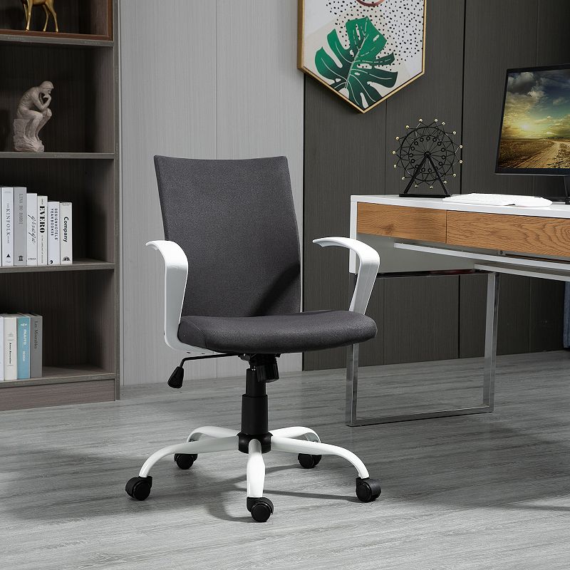 Vinsetto Office Chair Ergonomic Mid Back Swivel Linen Chair with Adjustable Height Wheels Raised Armrests and Rocking Function Light Grey