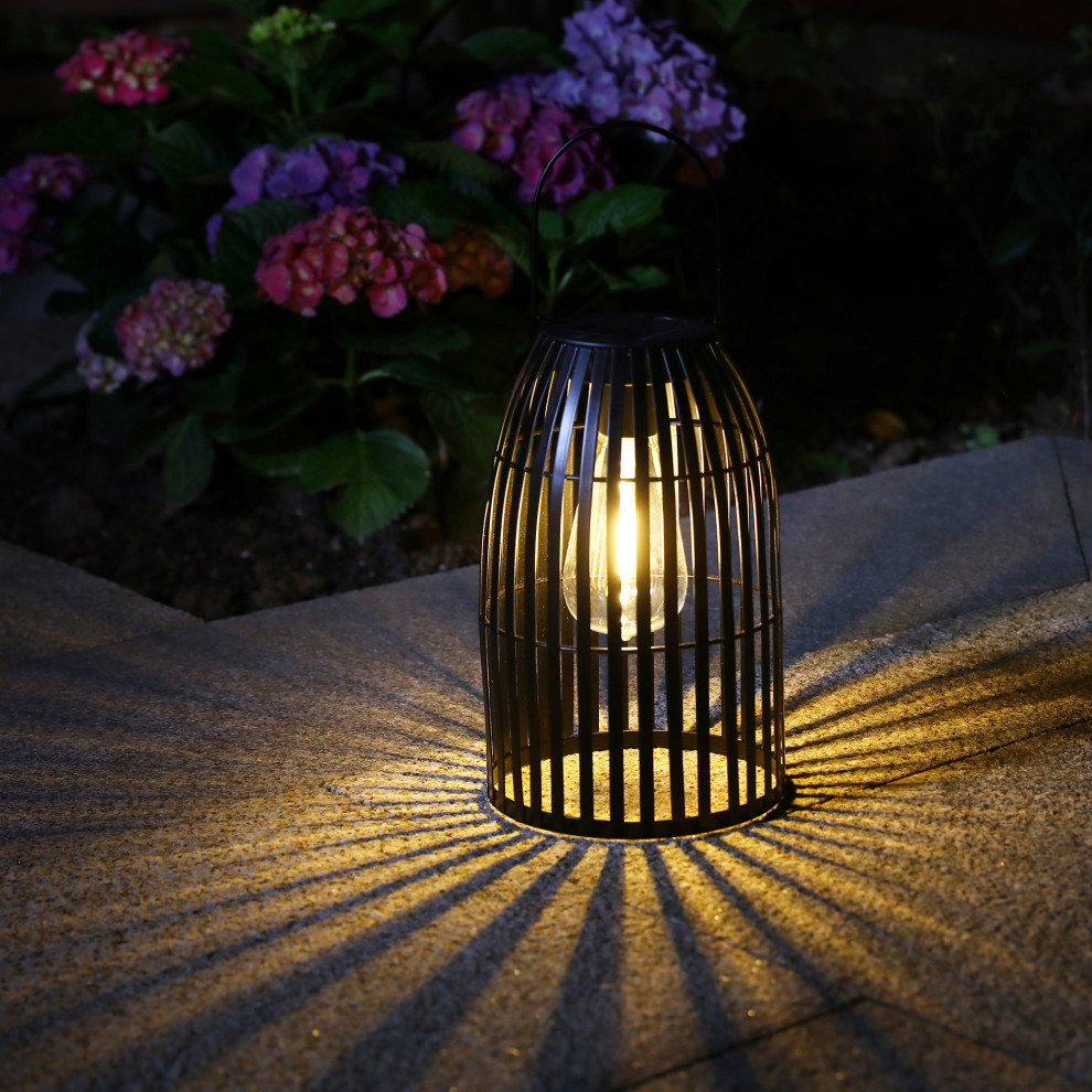 9.75 Metal Woven Black Solar Powered Outdoor Hanging Lantern   Industrial   Outdoor Hanging Lights   by Glitzhome  Houzz