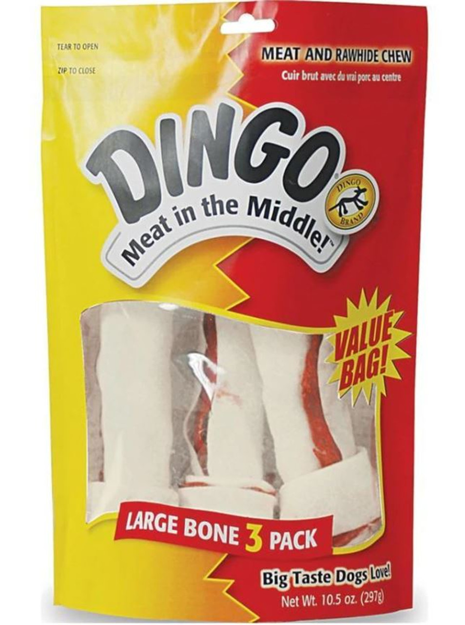 Dingo Meat and Rawhide Bones Dog Chews， LG-3 Pk.