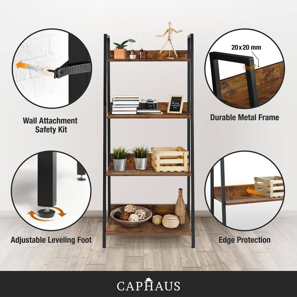 CAPHAUS 52 in. Industrial Book Shelves 24 in. Width 4-Shelf Ladder Bookcase for Home Office Living Room and Kitchen FLR-CH2412MWLD4-RUOK