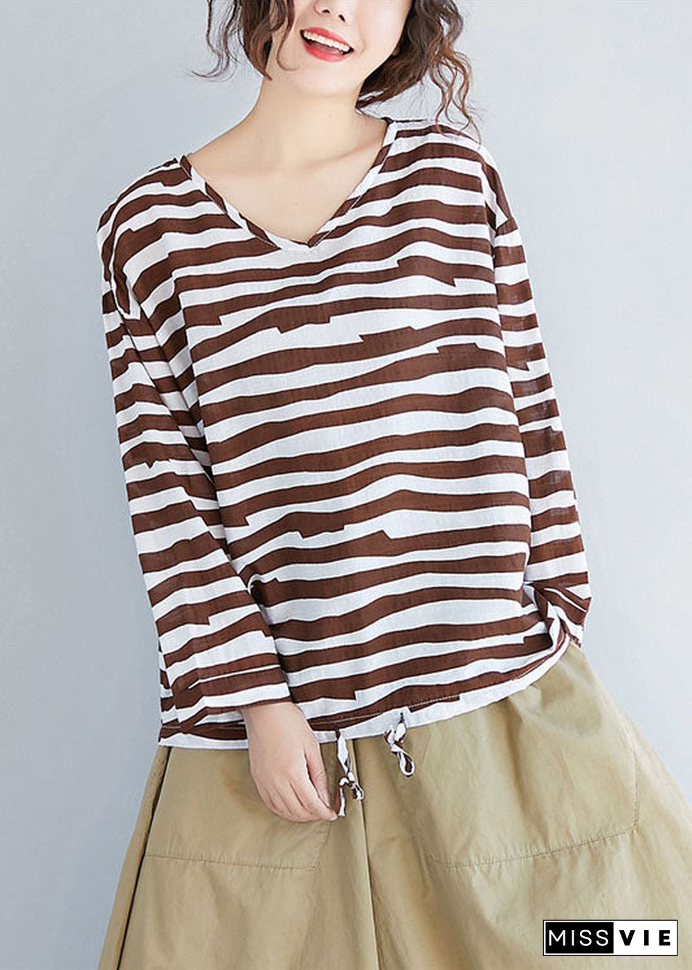 Chocolate Striped Cotton T Shirt Top V Neck Long Sleeve