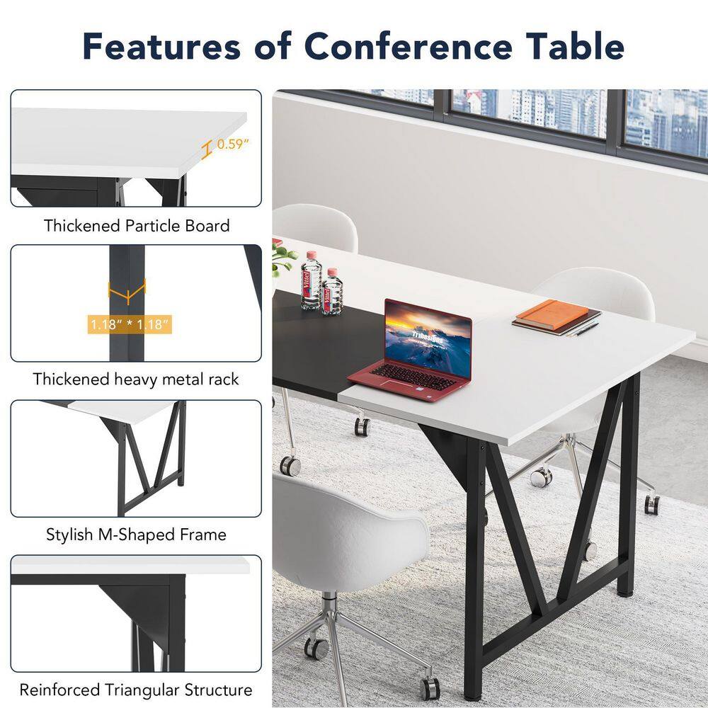 BYBLIGHT Capen 70.8 in. Retangular White Stitch Black 6 ft. Conference Room Table Meeting Computer Desk for 6 with M-Shaped Frame BB-JW0312DT