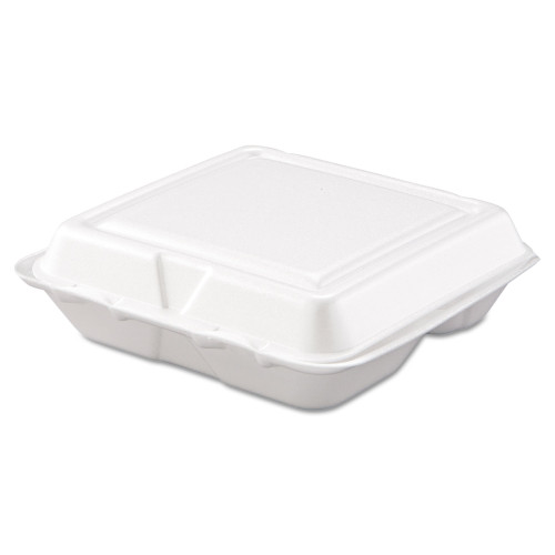 Dart Foam Hinged Lid Containers， 3-Compartment， 7.5 x 8 x 2.3， White， 200/Carton (80HT3R)