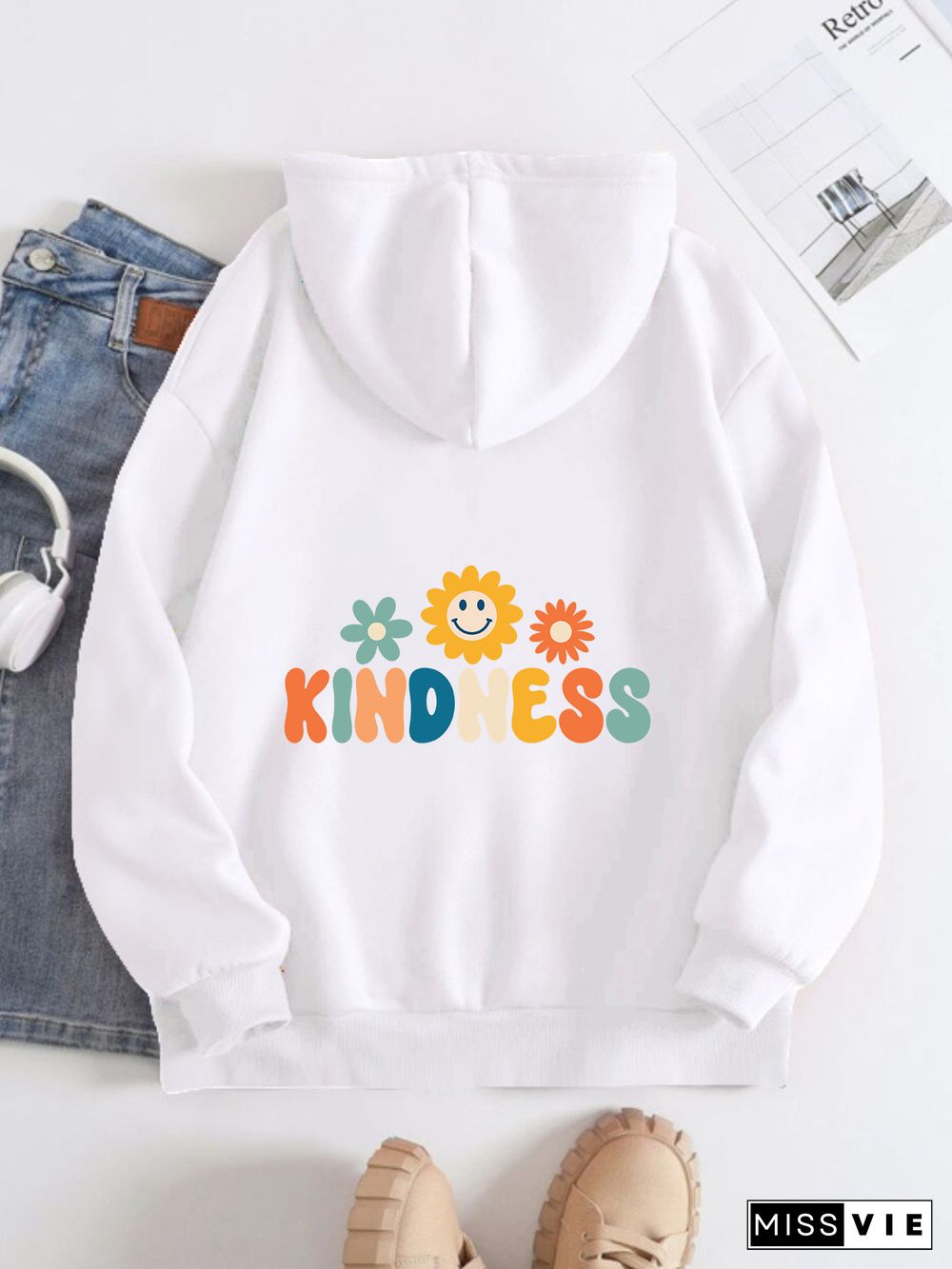 Printed on the Back Kangaroo Pocket Hoodie Long Sleeve for Women Pattern kindness