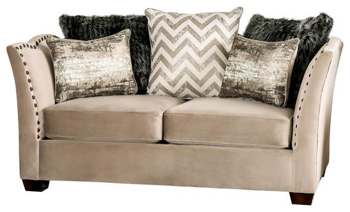 Furniture of America Keinisha Transitional Fabric Nailhead Loveseat in Beige   Transitional   Loveseats   by Homesquare  Houzz