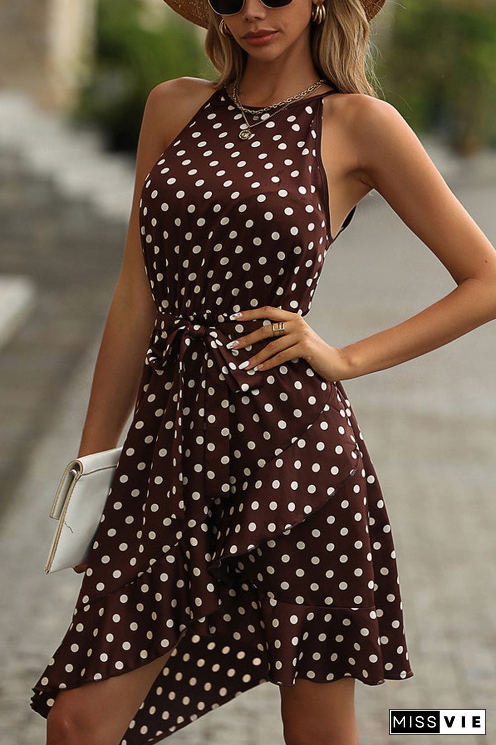 Dots Print Knot Waist Ruffle Mini Dress