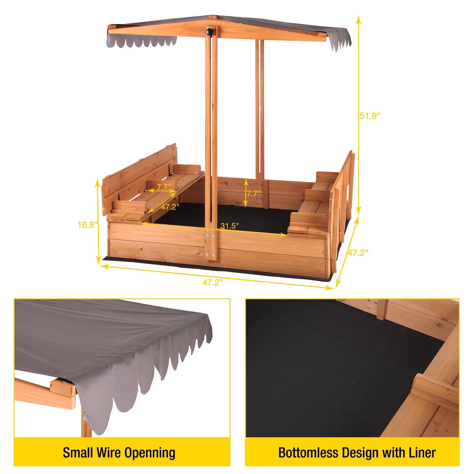 Morgete 47'' Outdoor Sandbox for Kids with Lid and Bench, Wooden Sand Play Toys Center with Adjustable Canopy