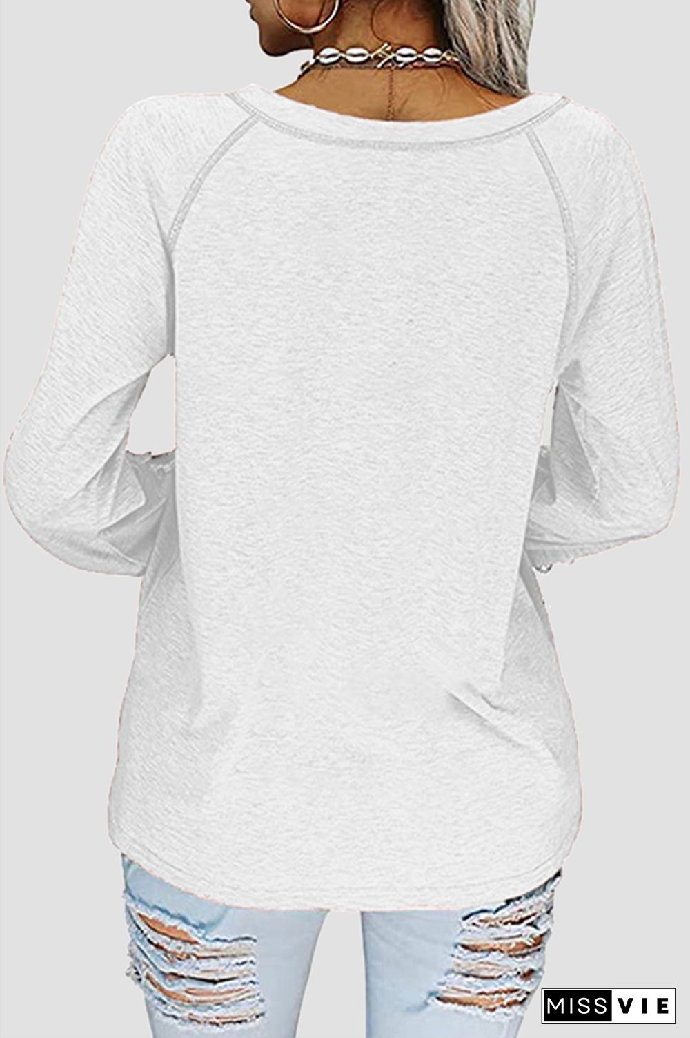 Casual Solid Lace Split Joint V Neck T-Shirts