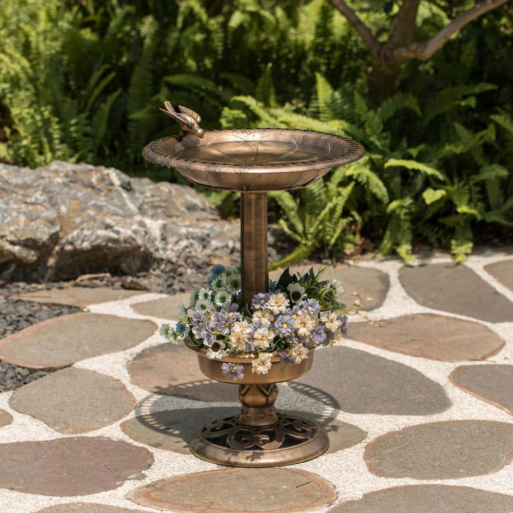 Gardenised Outdoor Garden Plastic Birdbath and Solar Powered Round Pond Fountain with Planter Bowl， Copper QI004101