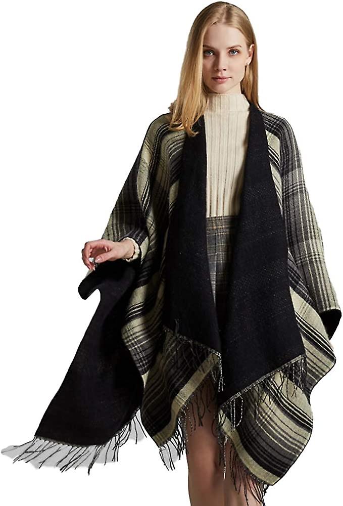 Women's Tassel Plaid Poncho Pashmina Shawl Wrap Cape Sweater Black -