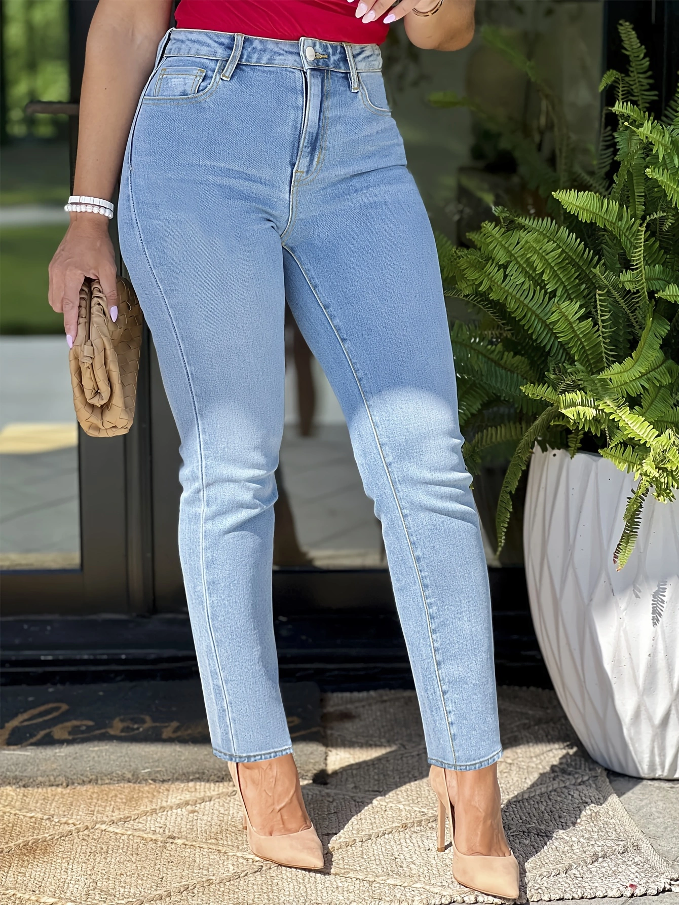 Plus Size Womens Denim Jeans - Plain Washed Blue Casual Style with Zipper Button Closure and Relaxed Fit Denim Pants for Everyday Wear