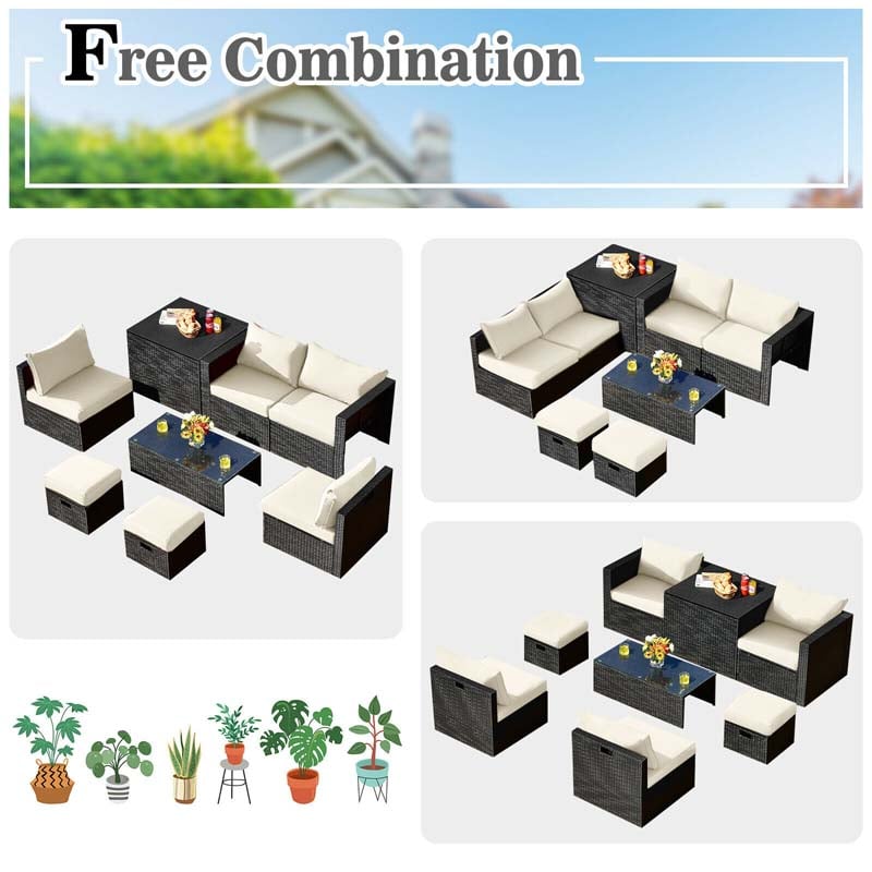 8 Pcs Rattan Wicker Outdoor Patio Furniture Sectional Sofa Set with Storage Box & Waterproof Cover