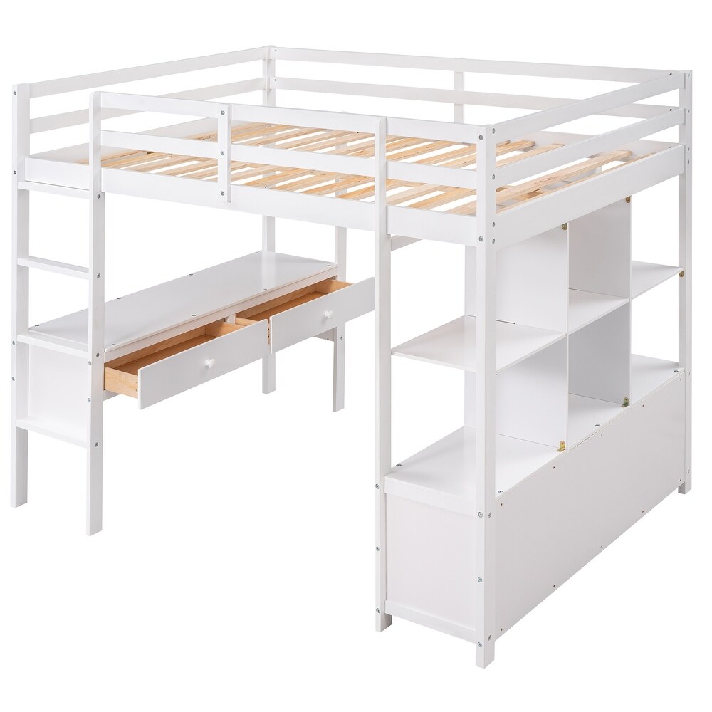 Full Size Loft Bed with Built in Desk with Storage Shelves   Drawers