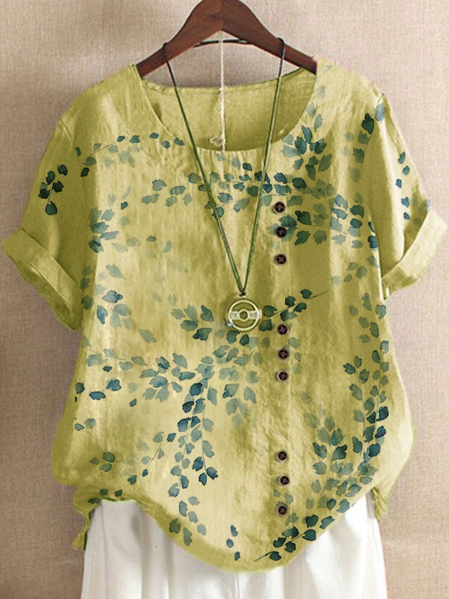 Round Neck Cotton And Linen Printed Short-sleeved Blouse