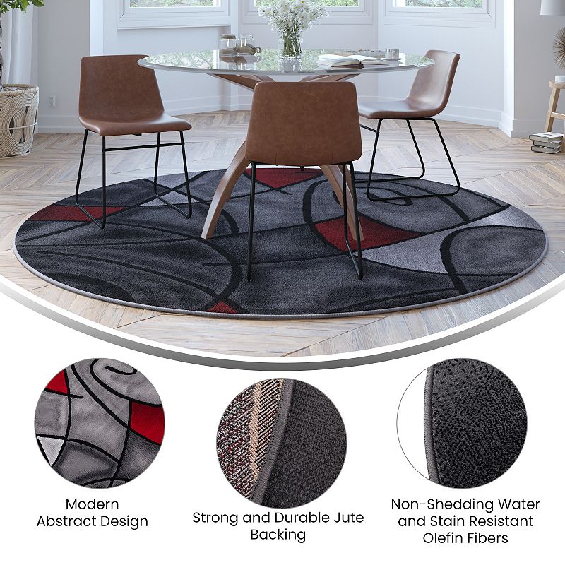 Masada Rugs Masada Rugs Trendz Collection 7'x7' Round Modern Contemporary Round Area Rug in Red， Gray and Black