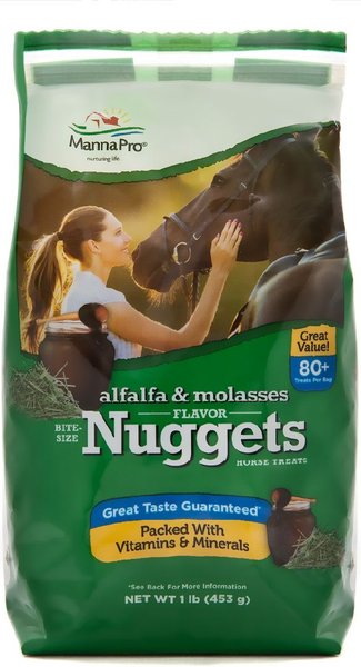 Manna Pro Nuggets Bite-Size Alfalfa and Molasses Flavored Horse Training Treats， 1-lb bag