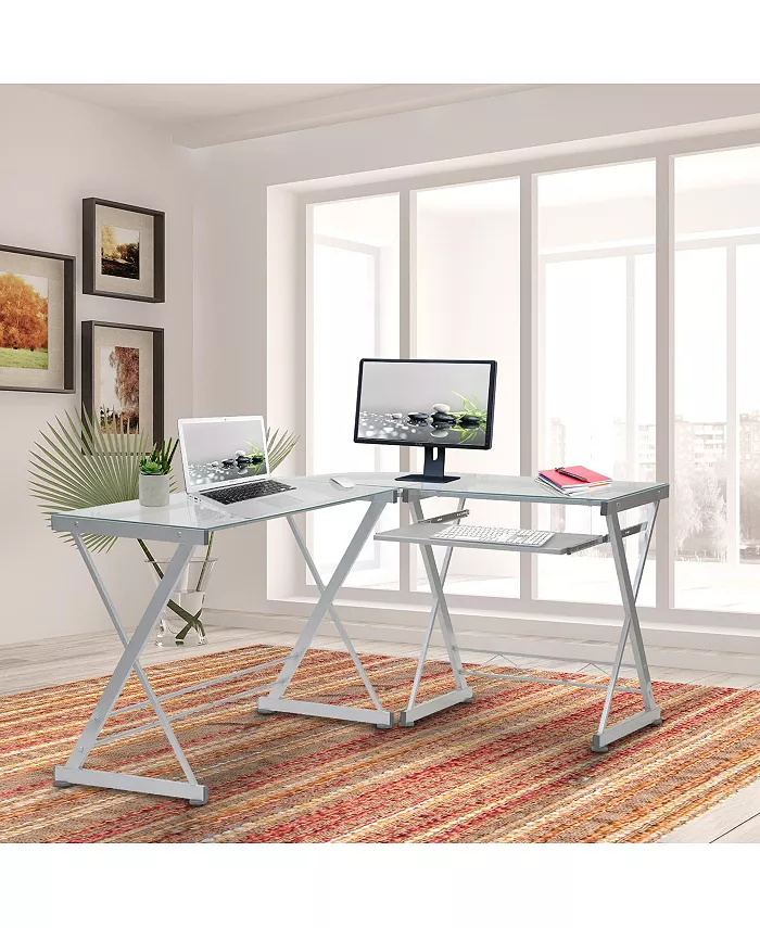 RTA Products Techni Mobili L-Shaped Glass Top Computer Desk