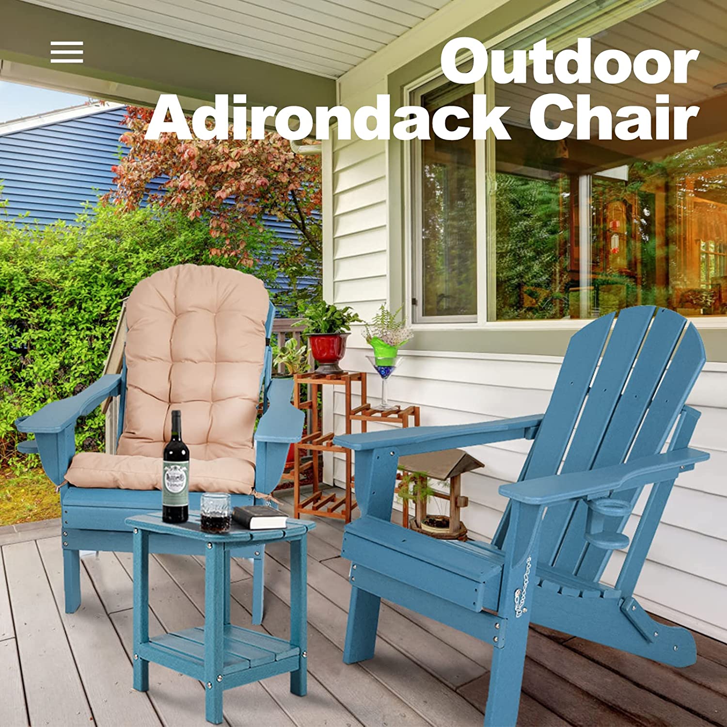 Nalone Folding Adirondack Chair with Cushion with Cup Holder, HDPE Plastic Oversized Patio Chair Weather Resistant(Blue)