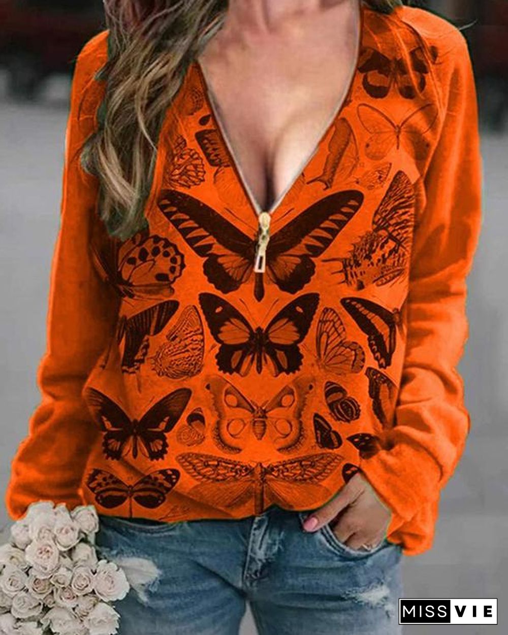 Butterfly Printed V Neck Print Sweatshirt