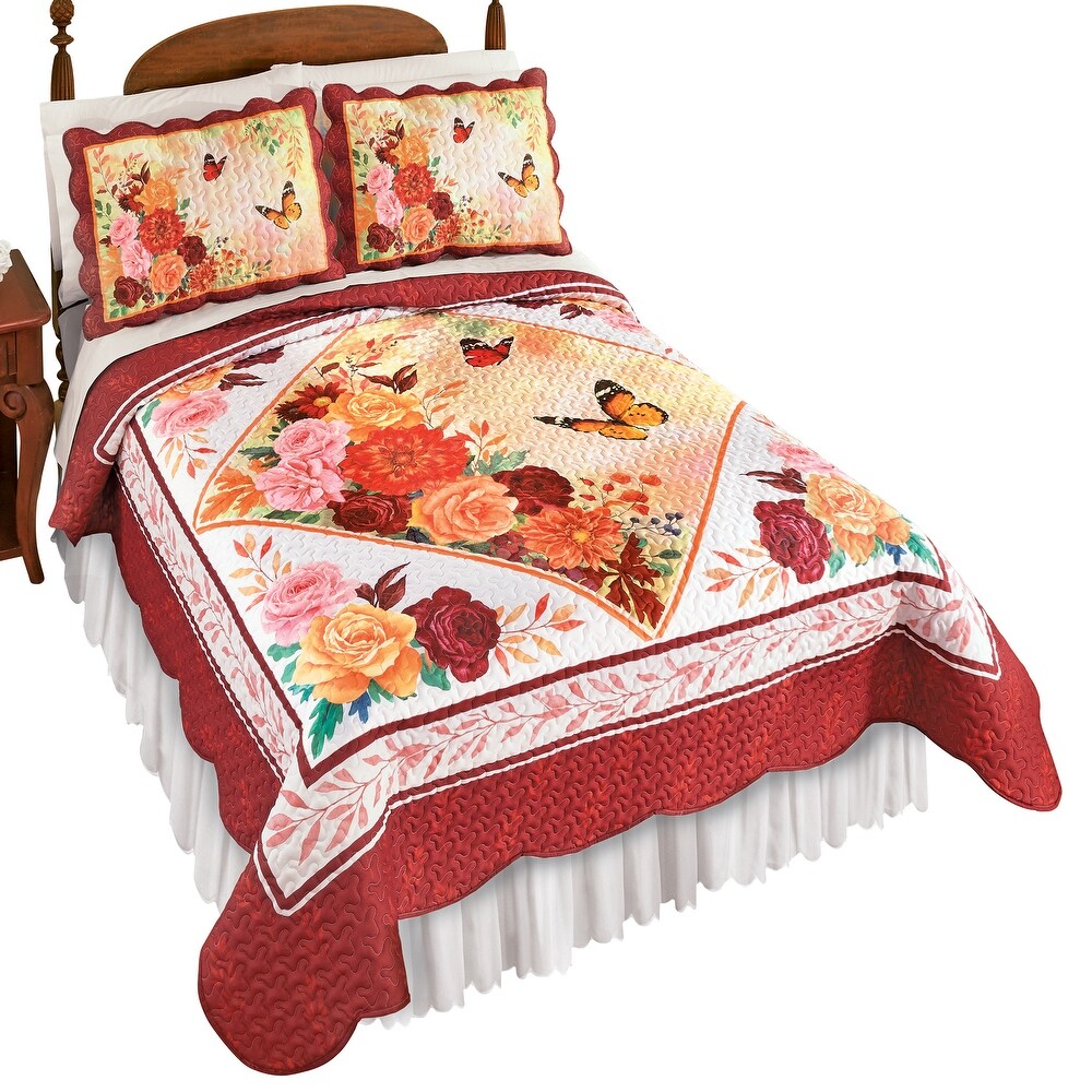 Floral Butterfly Diamond Design Scalloped Edge Quilt