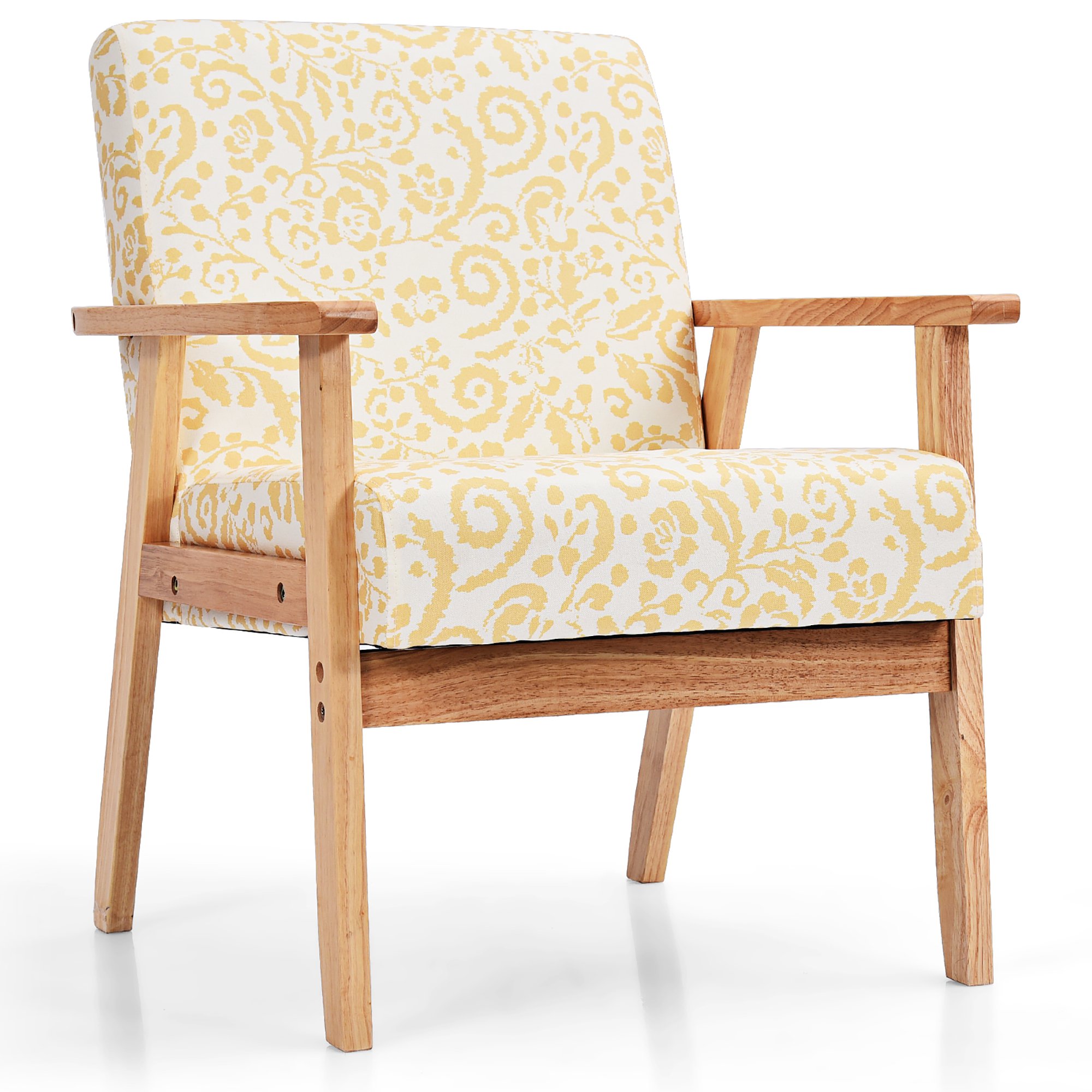 Costway Modern Accent Armchair Upholstered Lounge Chair with Rubber Wood Leg， Yellow Floral