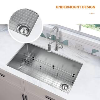 Glacier Bay Tight Radius Undermount 18G Stainless Steel 31 in. Single Bowl Kitchen Sink with Offset Drain and Accessories VUR3118A1ACC