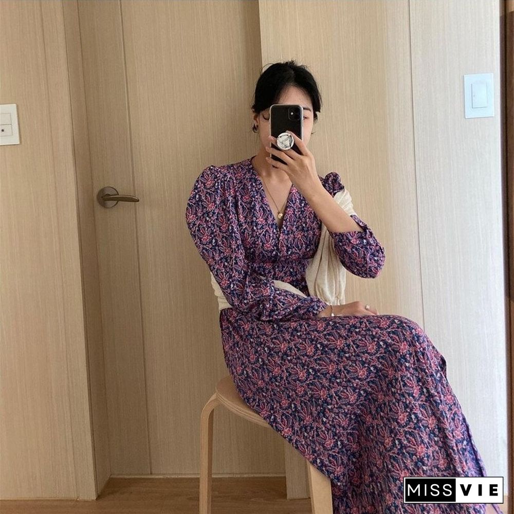 Retro Sweet Floral Print V-Neck Dress National Trendy All-Match Casual Fashion Dress New Spring Outgoing Dress Women Robe