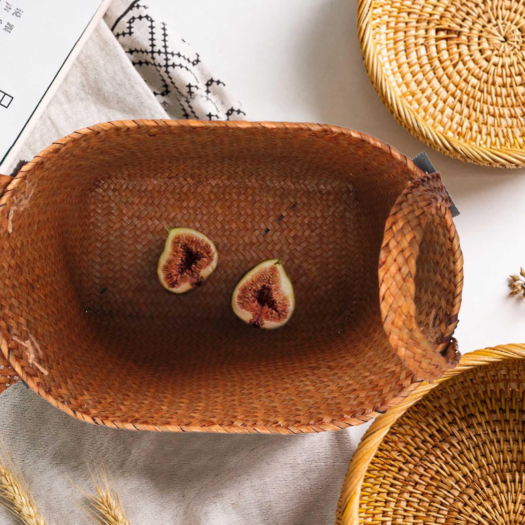 Natural Round Straw Basket Bin Handmade With Handgrip Orange 33x21x26cm