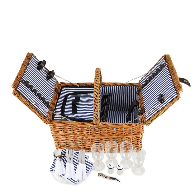 Twine Cape Cod Picnic Basket Wicker Basket With Place Settings Wine Glasses Corkscrew Insulated Compartments Set Of 1 Basket Brown