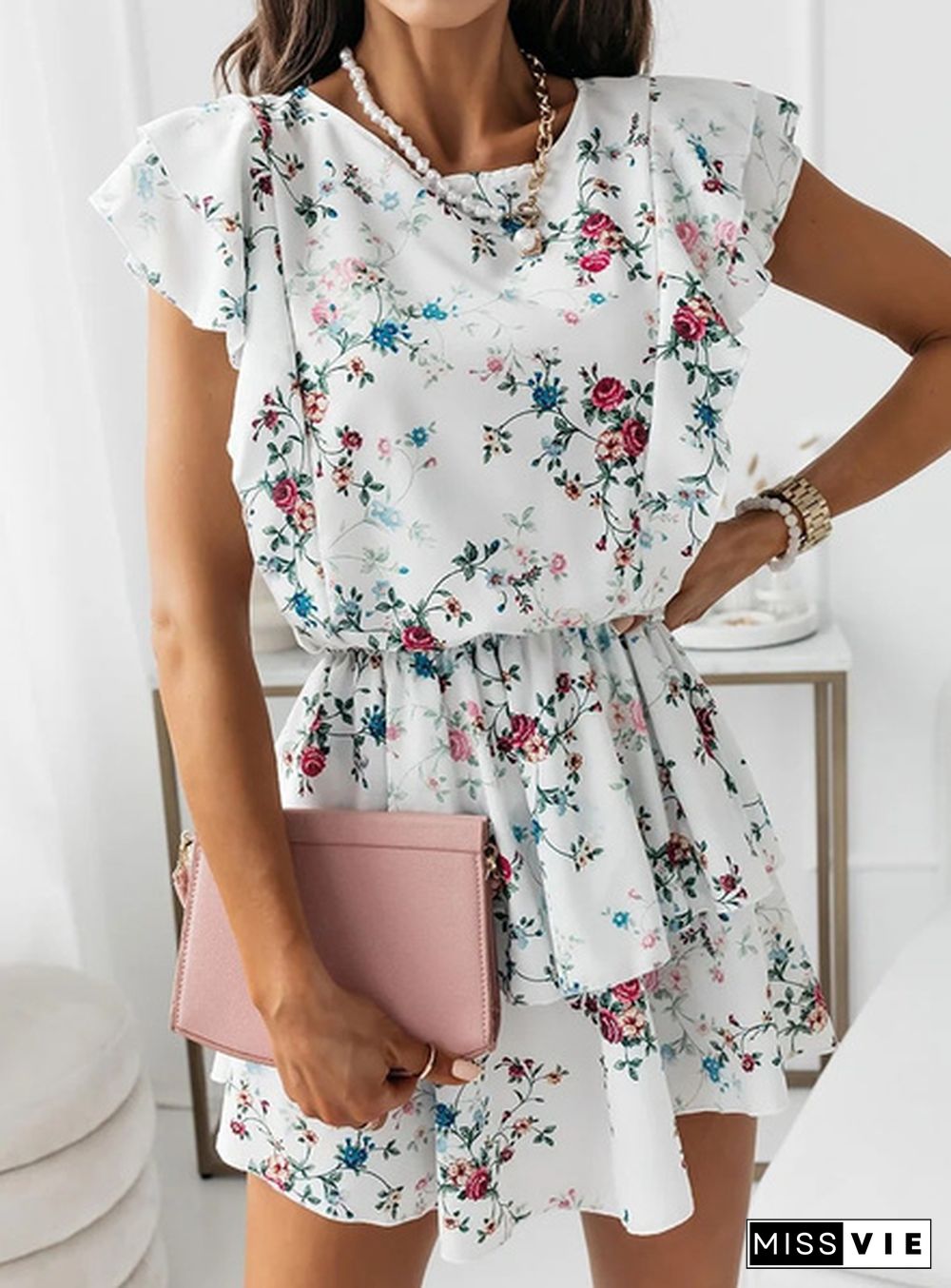 Women Beach Mini Dress Summer Bohemian Casual Loose Floral Print Cocktail Beach Short Dress Sundress Rope