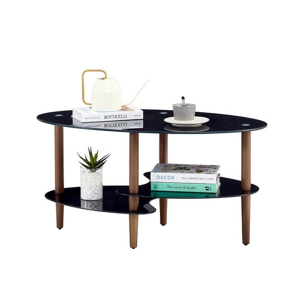 3-layer Modern Oval Glass Coffee Table with Oak Wood Legs