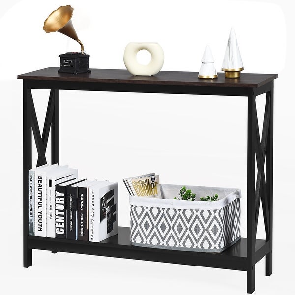 Costway 2-Tier Console Table x-Design Bookshelf Sofa Side Accent Table