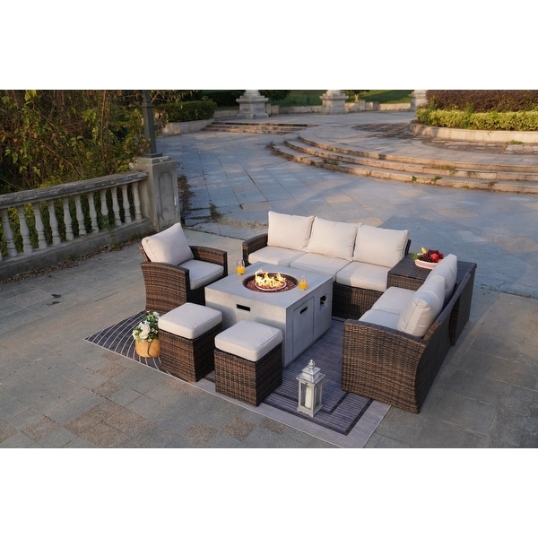 7Piece Patio Brown Rattan Wicker Conversational Sofa Set with Fire Pit Table and Storage Box