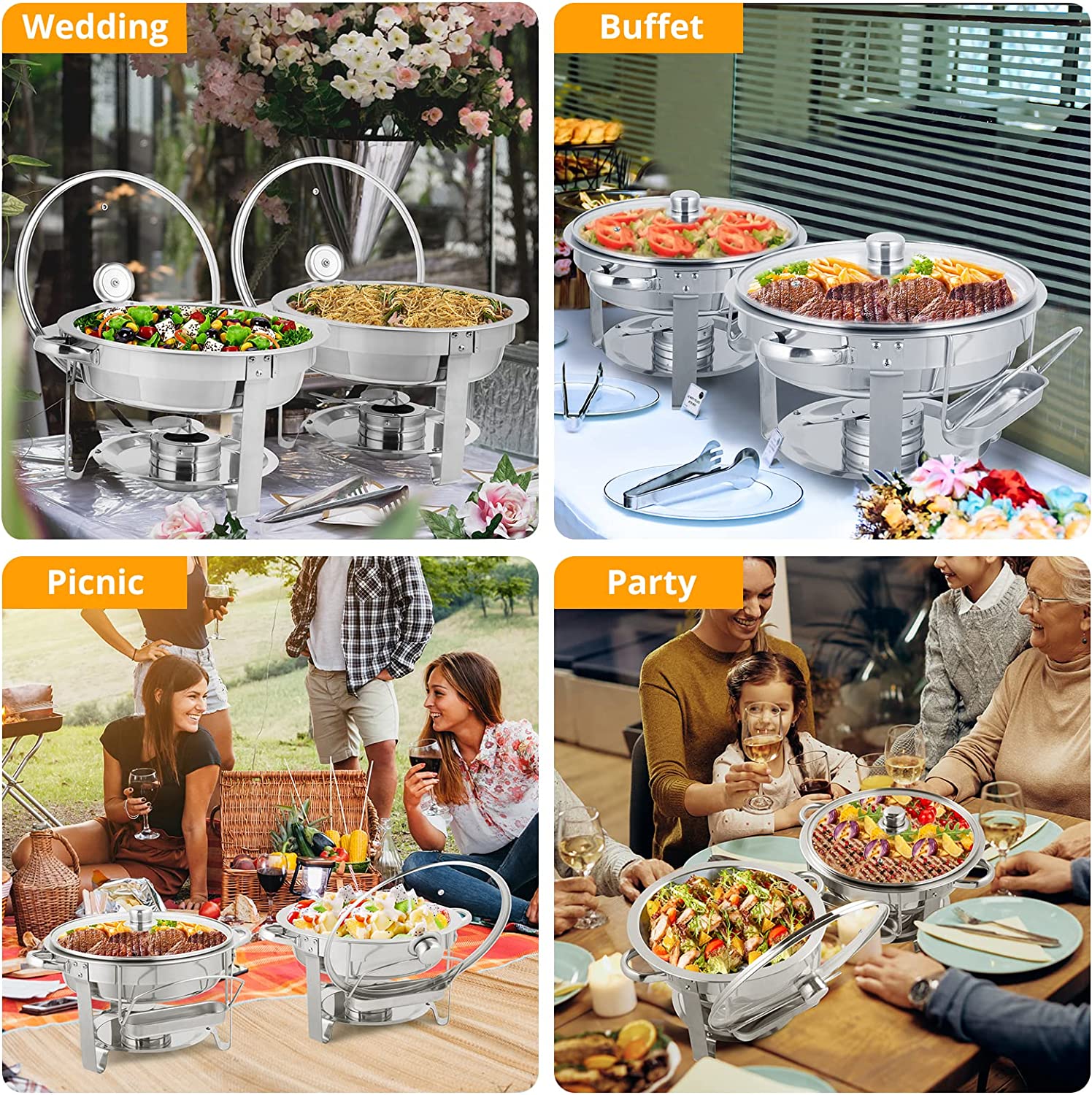 ROVSUN 5 Qt 2 Pack Round Chafing Dish Buffet Set with Glass Lid and Lid Holder