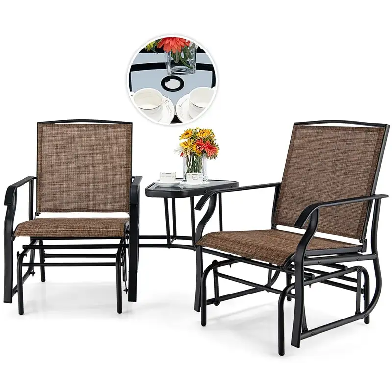 2-Seat Patio Rocking Chair Outdoor Double Glider Chair with Glass Table & Umbrella Hole