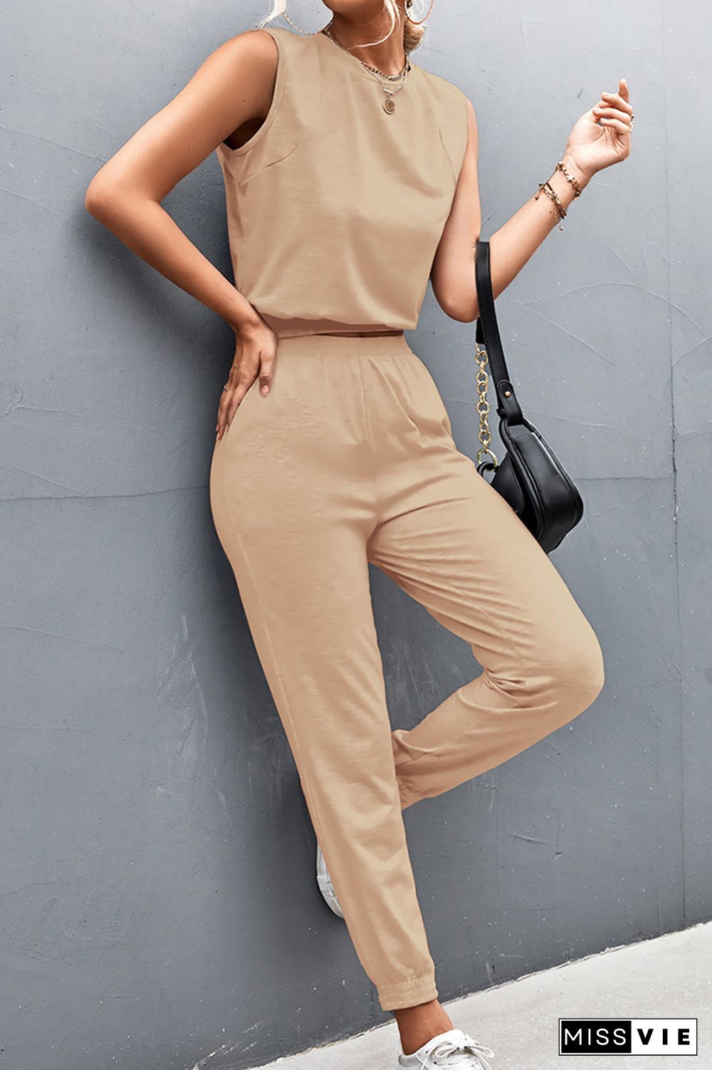 Solid Color Sleeveless Top & Pants 2 Pcs Set Wholesale