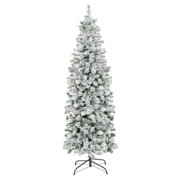 Flocked Pencil Christmas Tree，PreLit Slim Artificial Holiday Decoration，9Ft Lighted Skinny Snowy Appearance w/Base